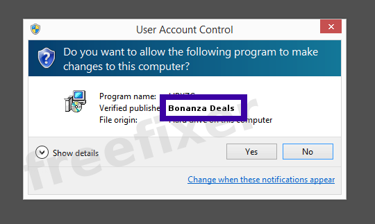 Screenshot where Bonanza Deals appears as the verified publisher in the UAC dialog